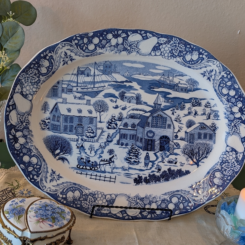 Vintage Marushin Art Blue And White Large Oval Serving Platter by SANYEI